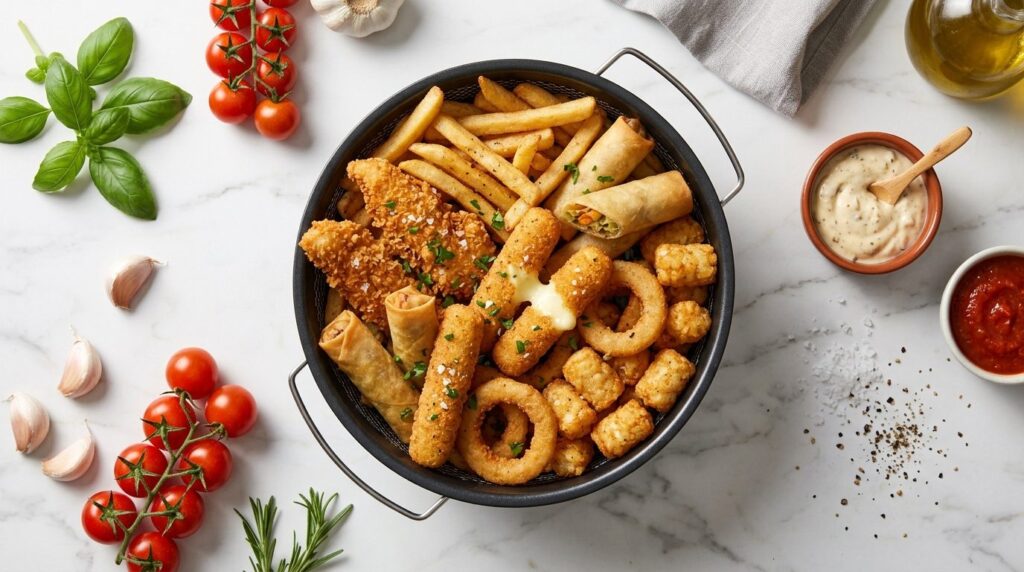 Overhead flat lay of an air fryer basket filled with golden 