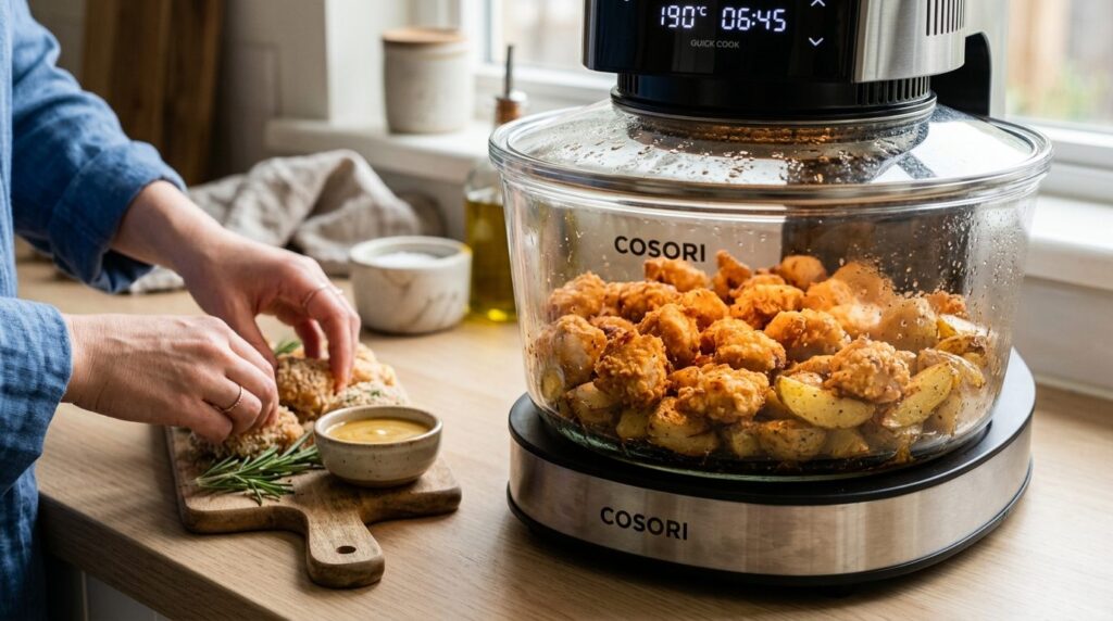 Close-up detail shot of a transparent air fryer glass bowl s