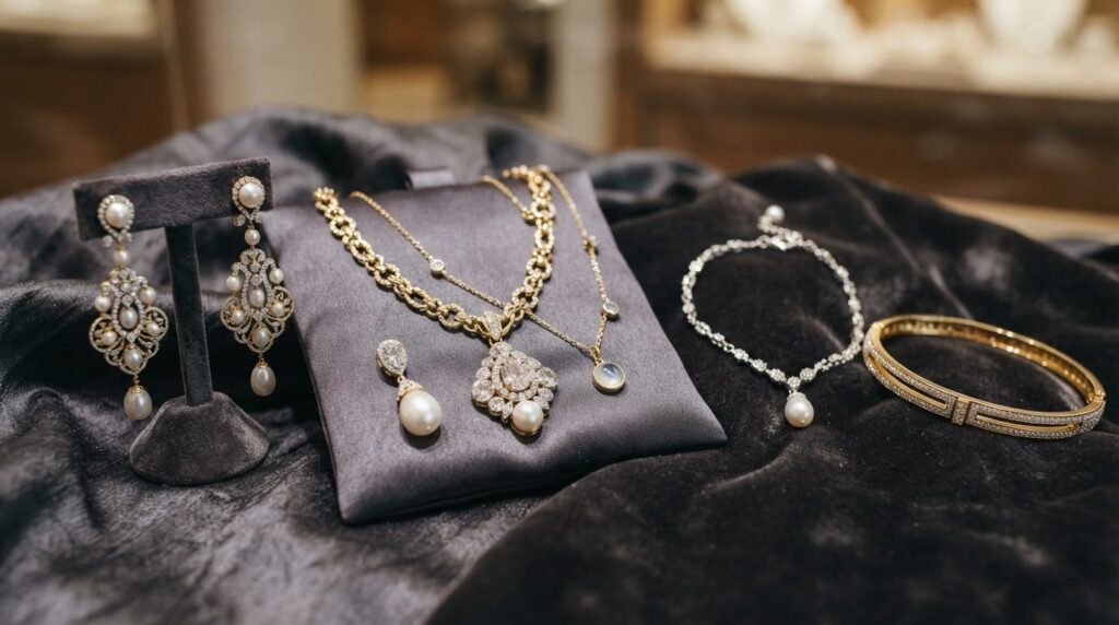 Close-up detail shot of luxury womens jewelry collection di