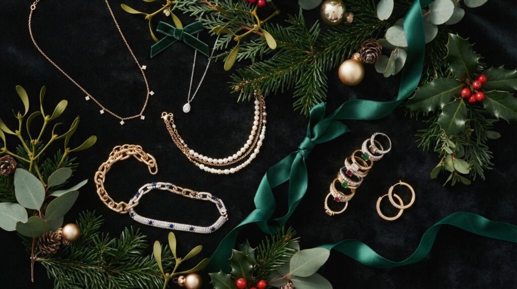 Overhead flat lay composition of curated womens jewelry pie